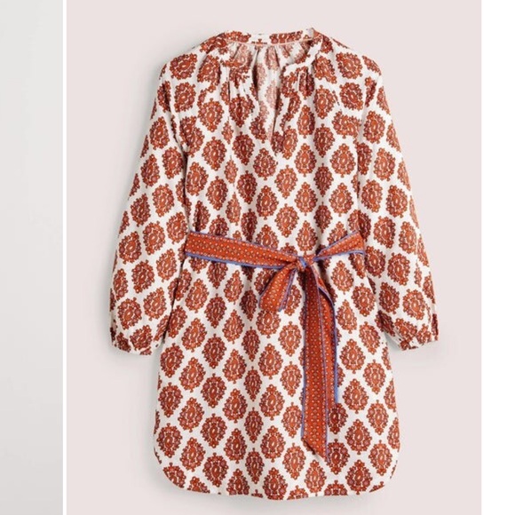 Boden Notch Neck Long Sleeve Linen Mini Shift Dress Floral Block Print 6 Long - Picture 2 of 16